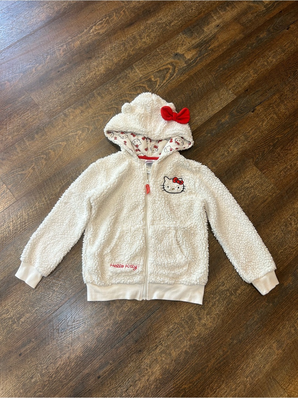 Hello Kitty Cream Sherpa Hoodie with Red Bow Accent